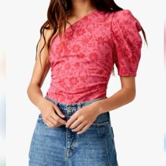 Free People NWT Somethin' Bout You Floral Bodysuit Hot Pink Puff Sleeve Small - Picture 5 of 5
